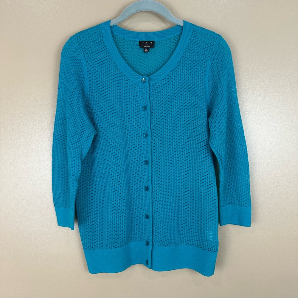 Talbots Pima Cotton Teal 3/4 Sleeve Cardigan Sweater Petite Medium Preppy Prep